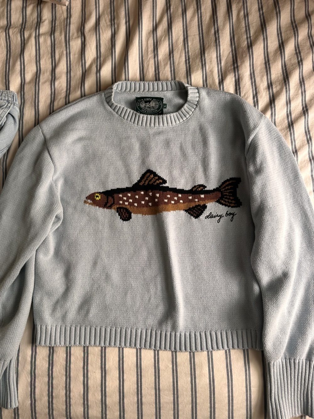 Dairy Boy Fisherman’s Daughter Light Blue Crewneck Sweater Large L 100% Cotton